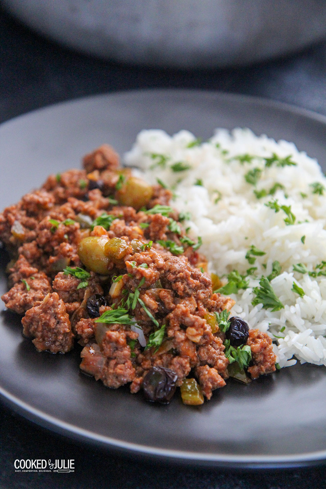 picadillo Cubano with white rice on a plate 