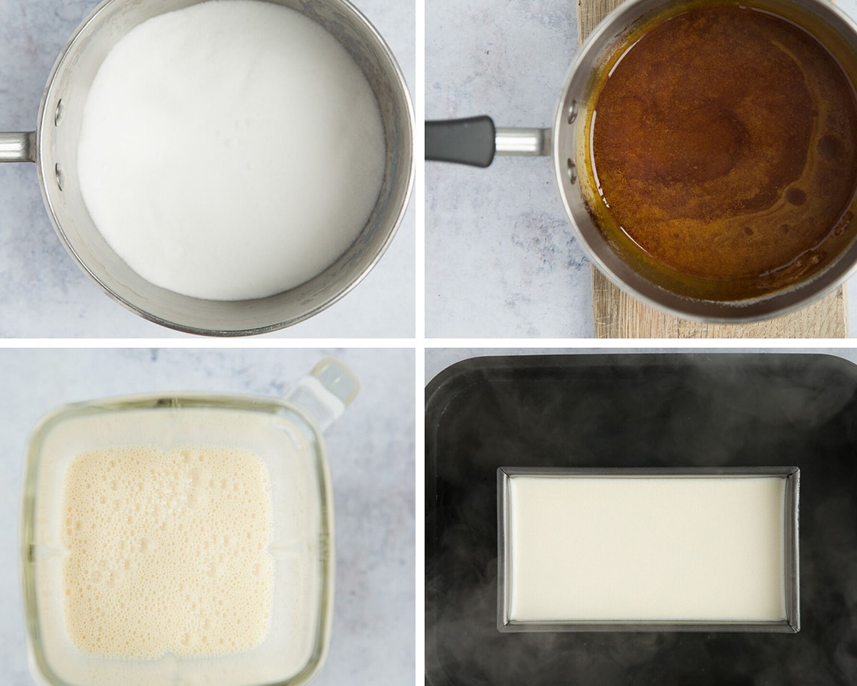 collage with four photos showing how to make flan. 