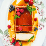 flan with berries and mint, sliced into.