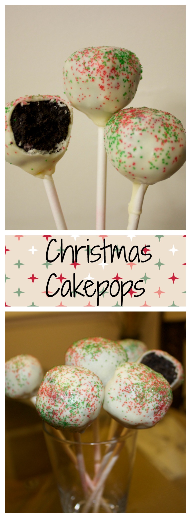 Christmas Cake Pops: Oreo Peppermint cake pops covered in white chocolate and sprinkled with red and green sugar crystals.