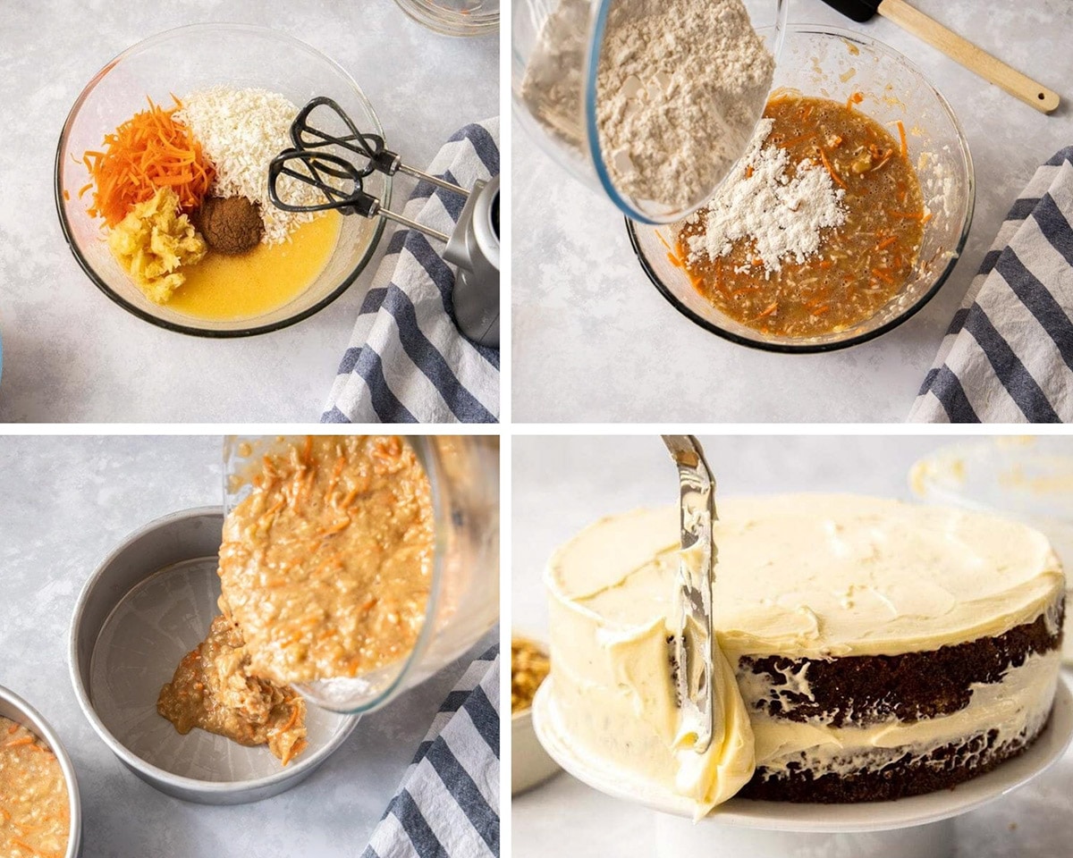 photo collage showing 4 photos. Cake batter in bowls being mixed and a carrot cake being frosted. 