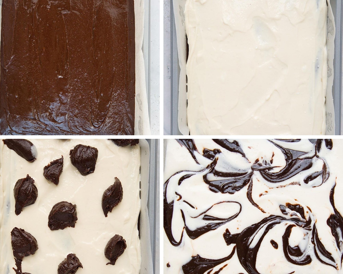 a photo collage with four photos showing the recipe steps. One pan fille dwith brownie batter, another pan filled with cheesecake filling, and two photos showing the brownie and cheesecake swirls. 
