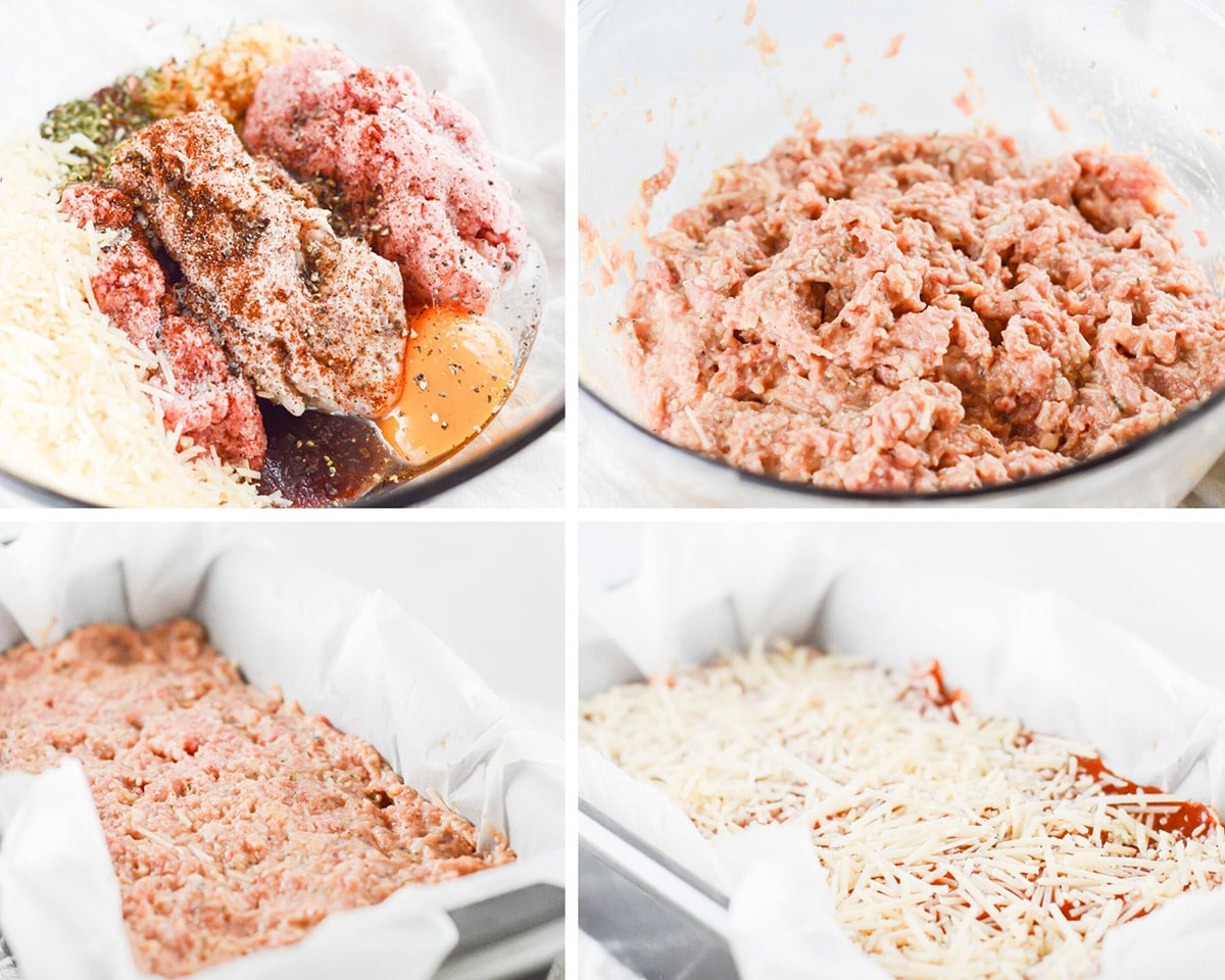 a photo collage with four photos. A bowl with meatloaf ingredients, a bowl with the meat and ingredients mixed, a loaf pan with meatloaf and parchment paper and meatloaf with shredded mozzarella cheese on top. 