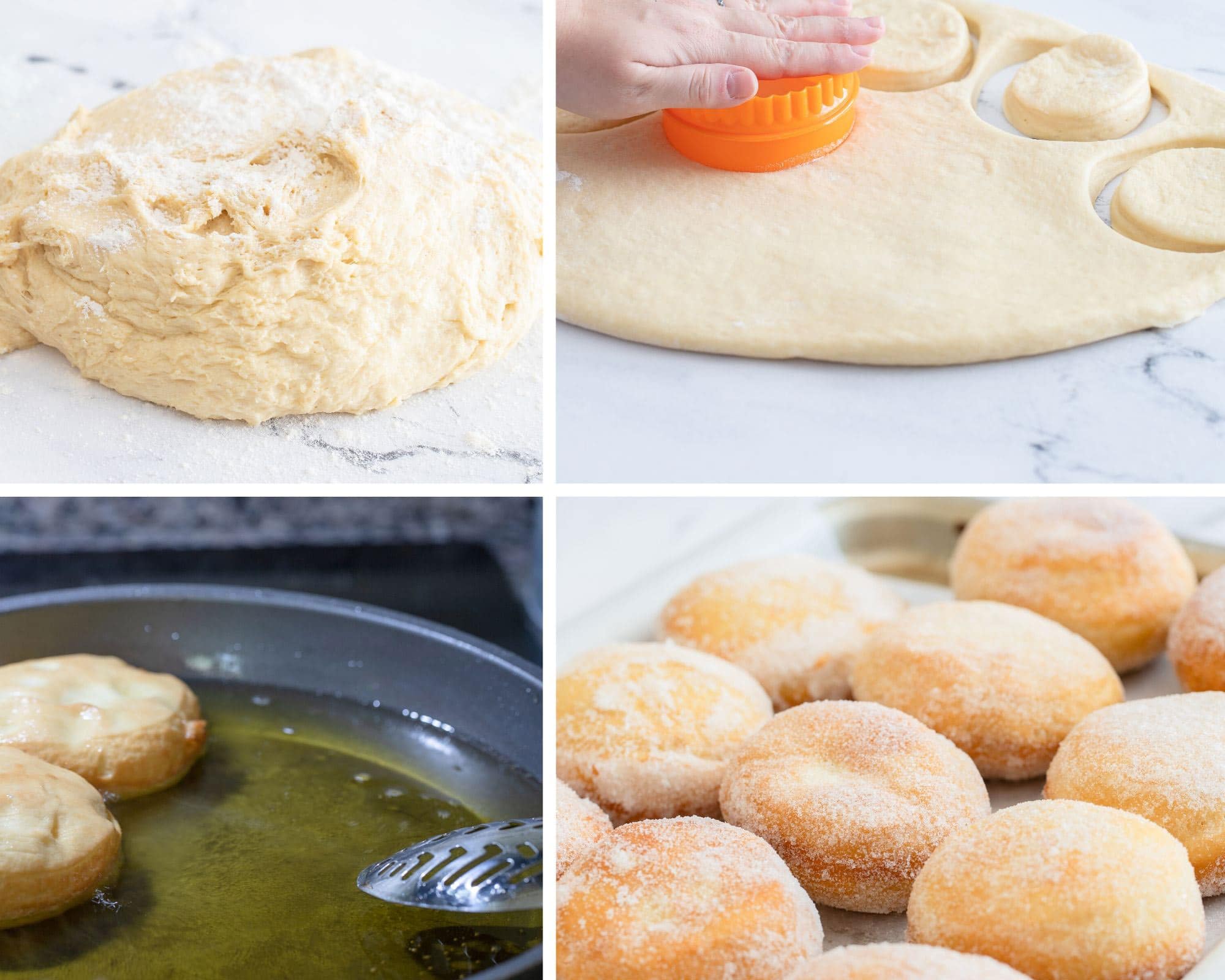 a collage with four photos. A photo with a ball of dough and flour in the background, a photo of rolled out dough with a hand with an orange object cutting out donuts, two donuts frying in a skillet with oil, and a fourth picture showing a pan filled with donuts.