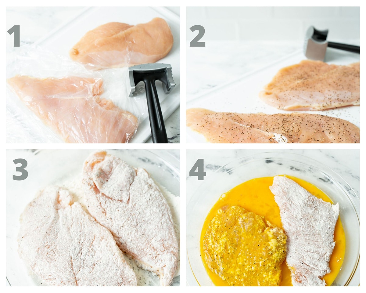 a collage with four photos showing chicken breasts and a meat mallet. Chicken breasts dipped in egg wash and coated in flour. 