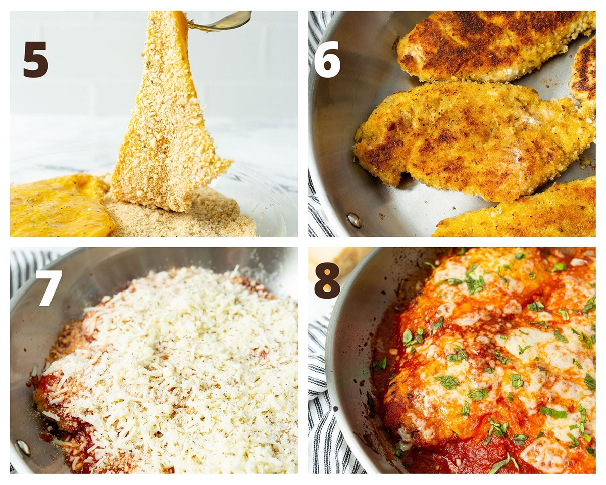 a photo collage with four photos. chicken breasts coated in flour, then fried in a skillet and covered with mozzarella cheese and sauce. 