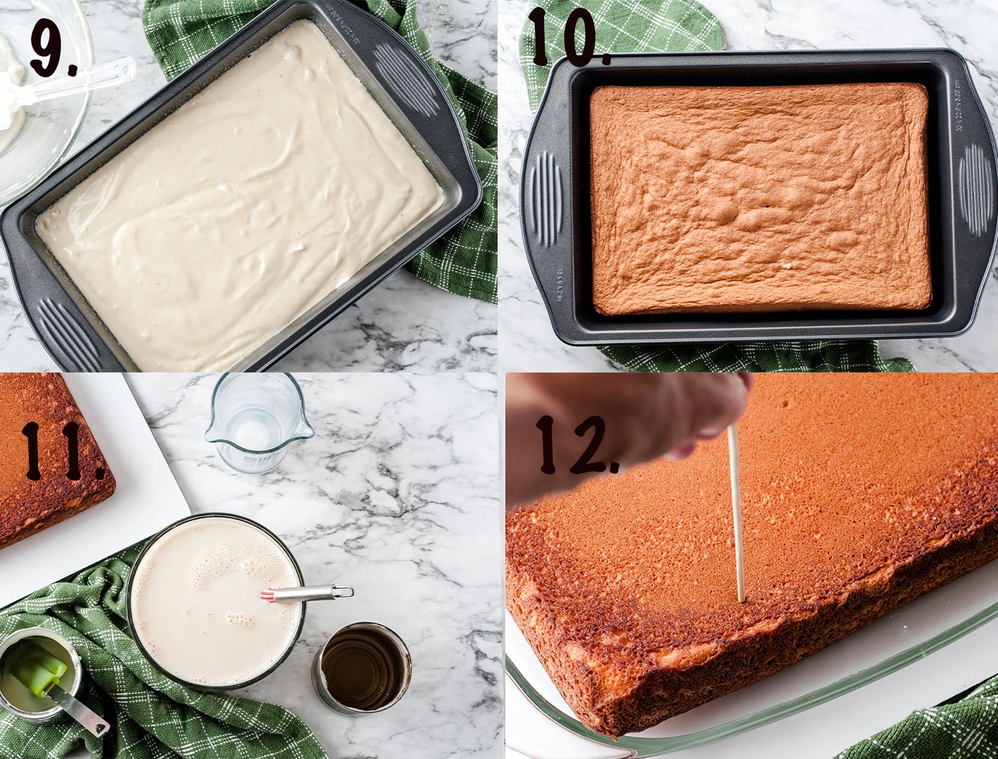 cake batter in a baking pan and a baked cake in a collage of 4 photos