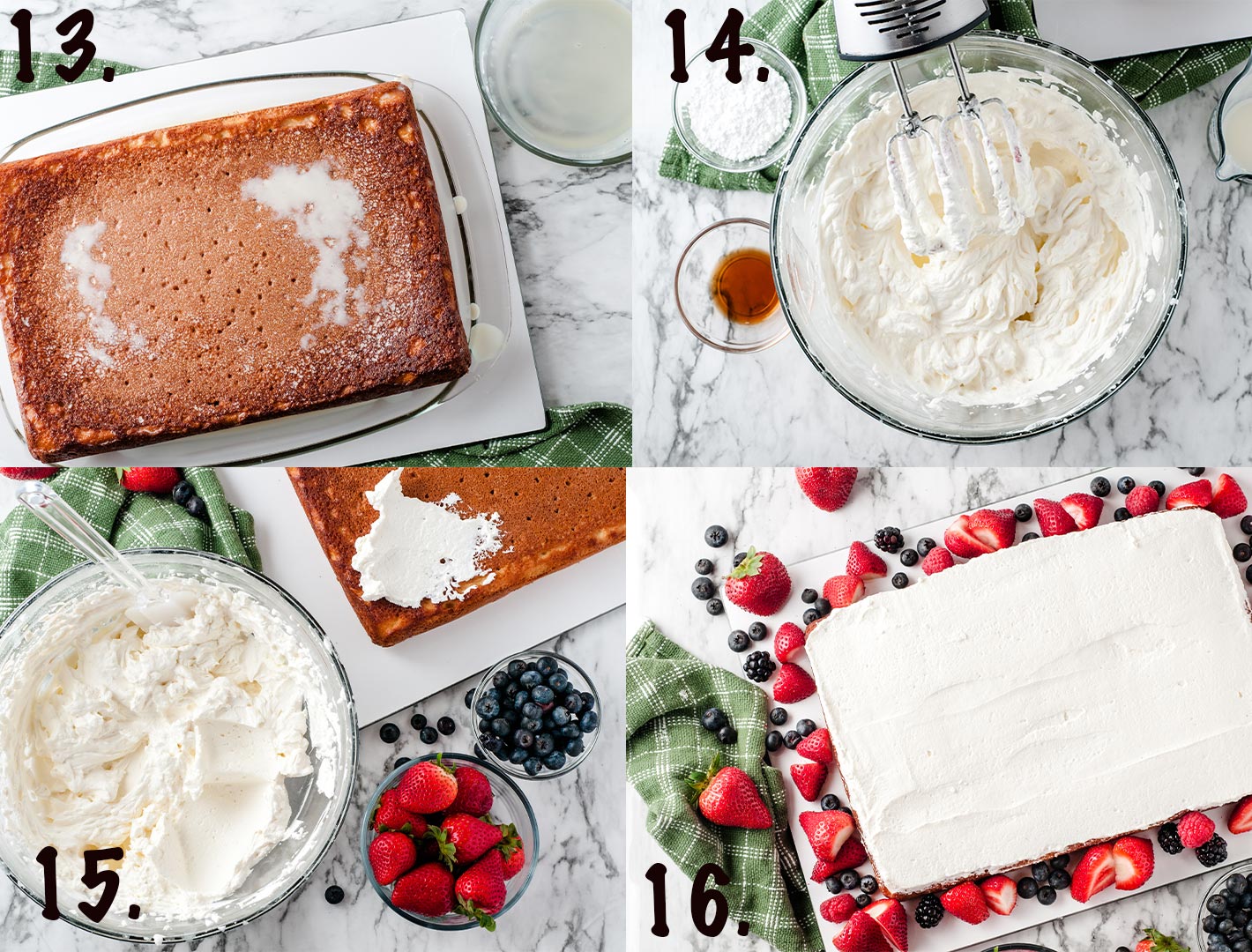 collage with 4 photos of whipped cream ingredients and step by step process 