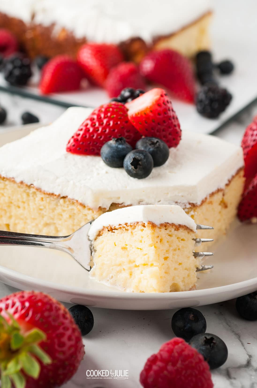 a slice of tres leches on a plate with berries and a fork
