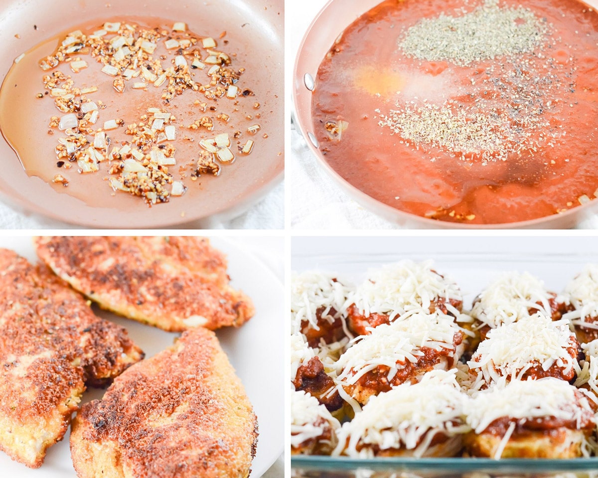 collage with photo photos. A skillet with onions and red crushed pepper, a skillet with tomato sauce and spices, and chicken cutlets with mozzarella cheese and sauce. 