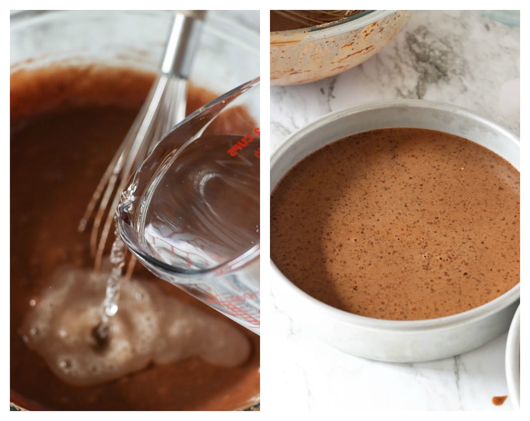 collage with two photos. first photo has water pouring into chocolate mixture. second photo is a cake pan with batter. 