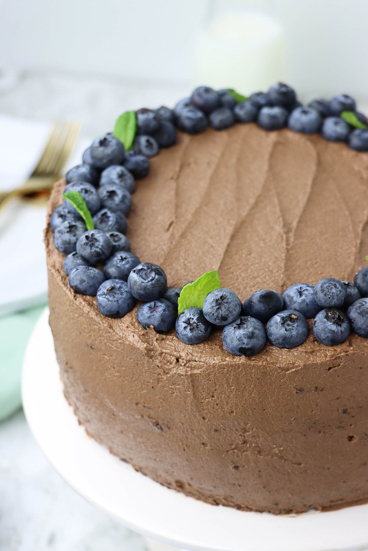 two layer chocolate cake with fresh blueberries and mint on top.