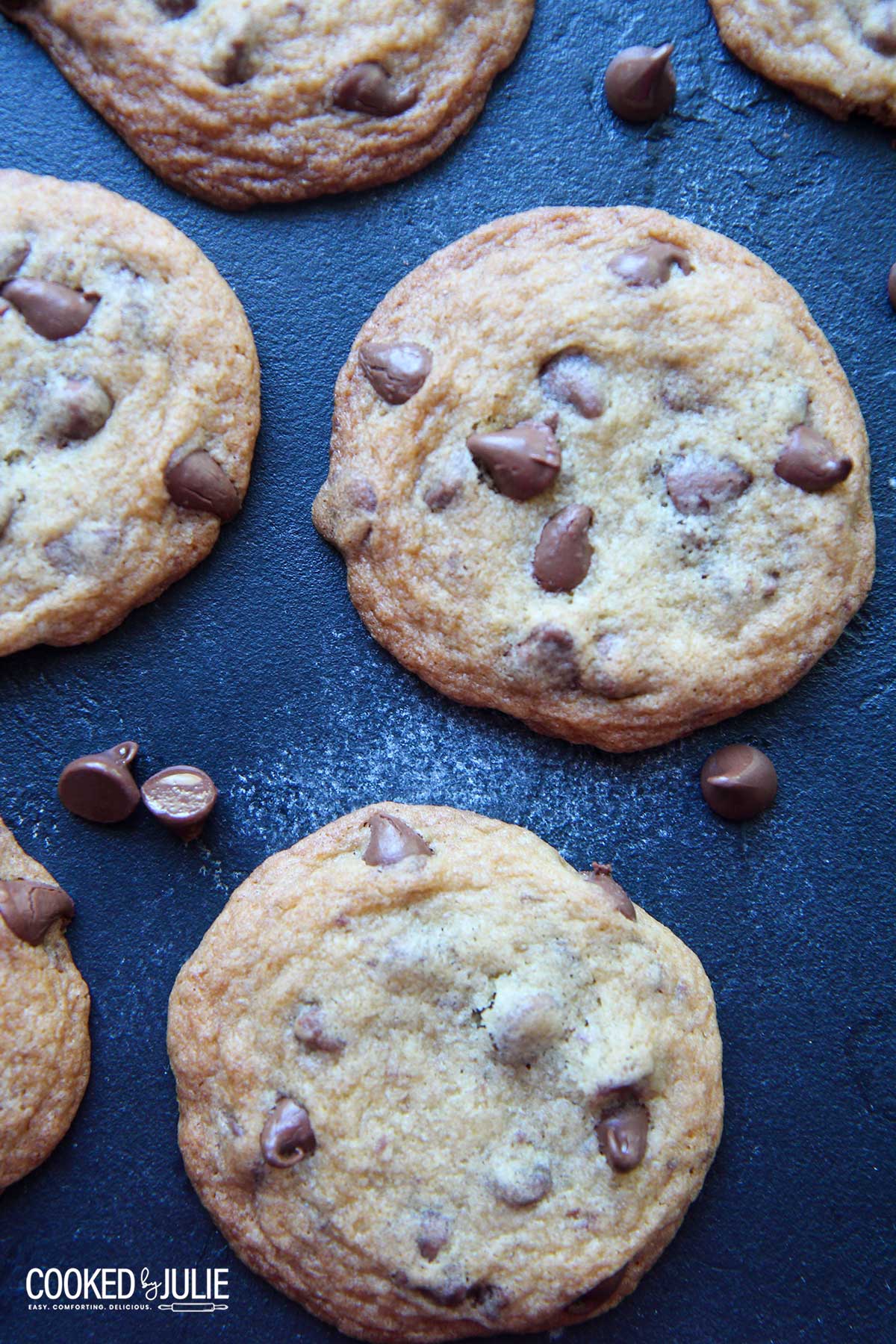 chocolate chip cookies on a blue board 