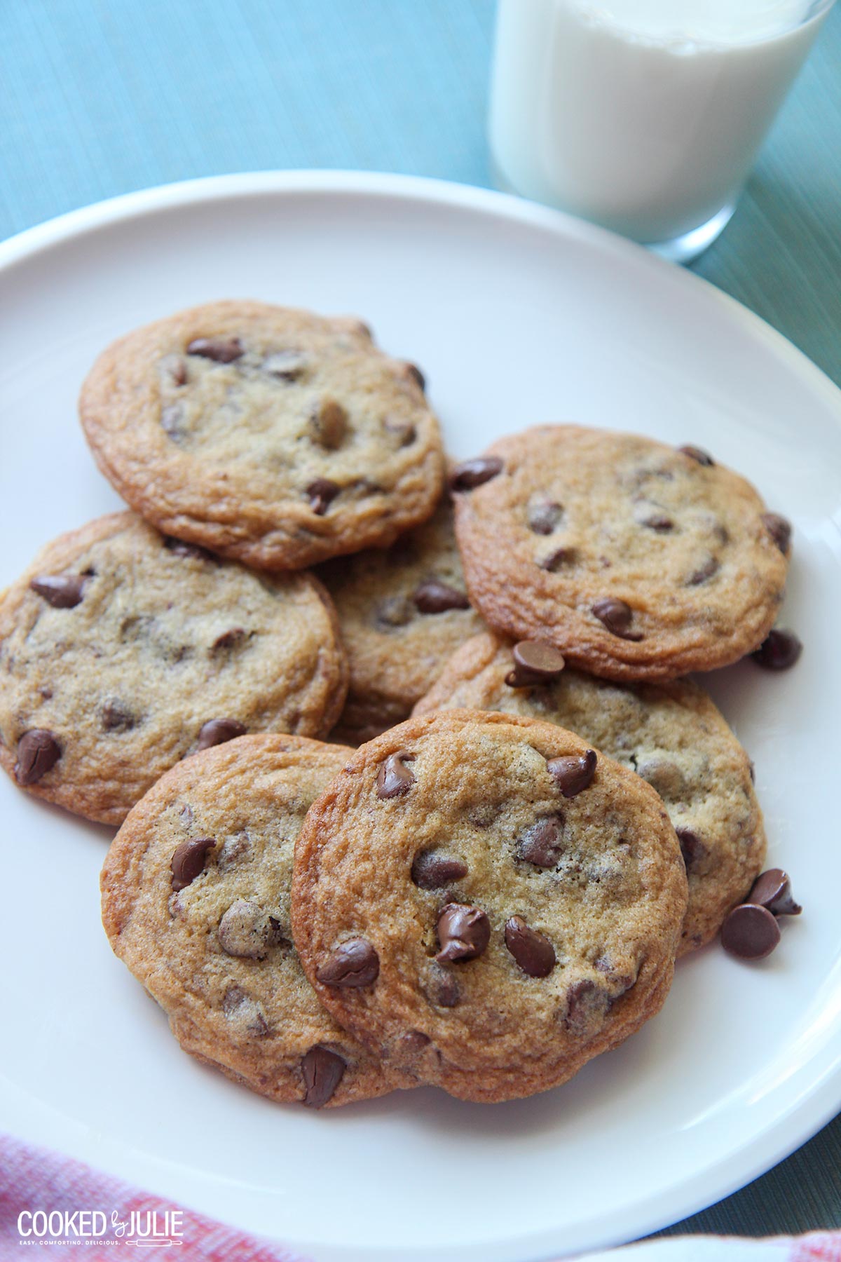 chocolate chip cookies on a white plate with a glass of milk 