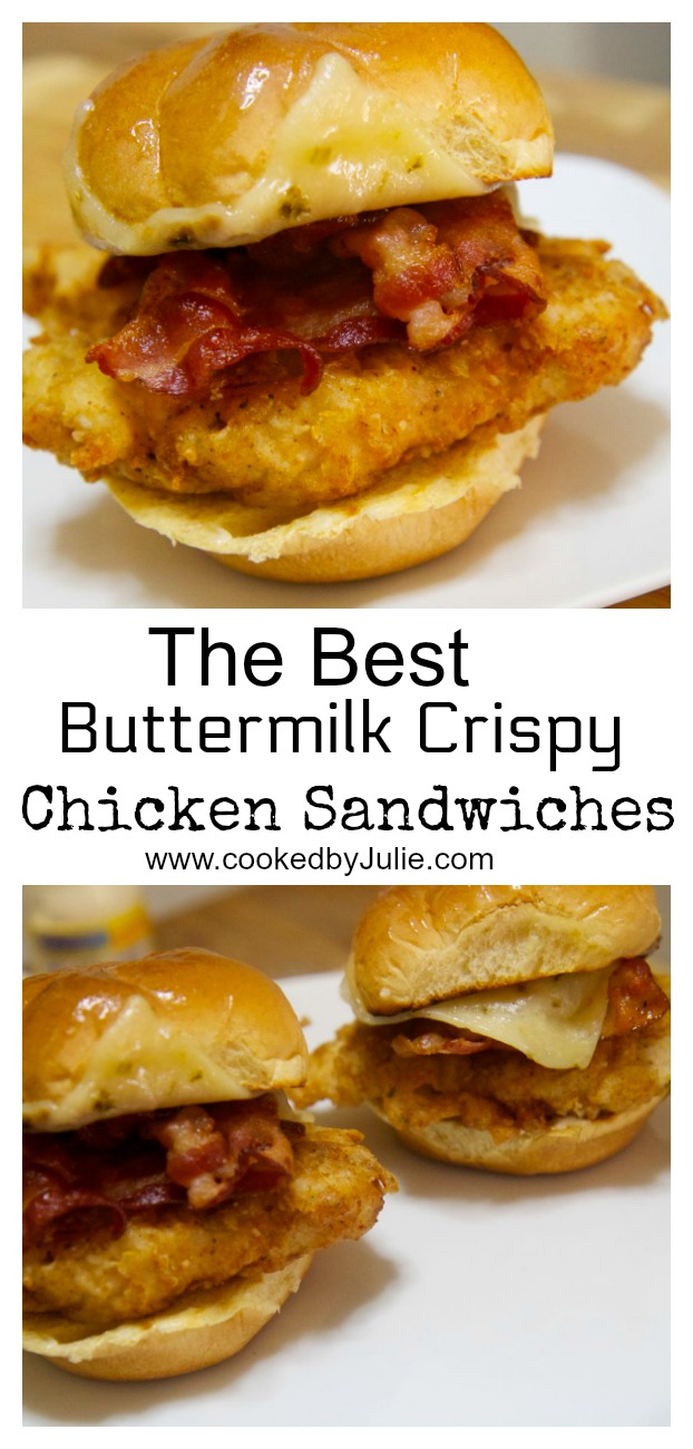Buttermilk Crispy Chicken Sandwich Sliders with Bacon and Cheese | Cooked by Julie