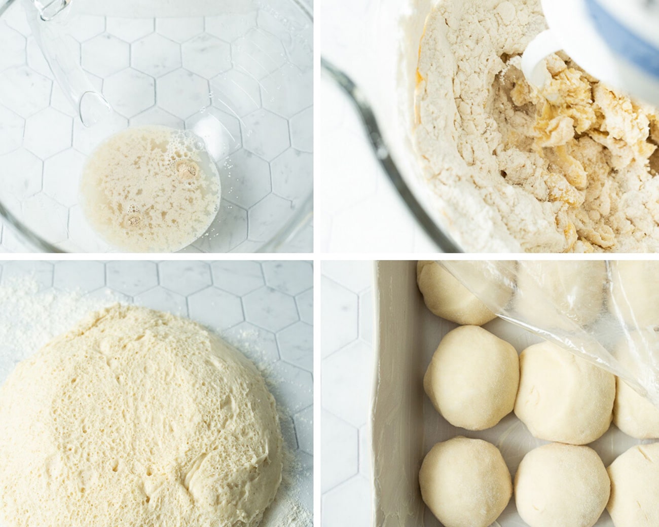 a collage with four photos. a bowl with water and yeast, a mixing bowl with flour and butter, a ball of dough rising, and dinner rolls in a baking sheet with plastic wrap.