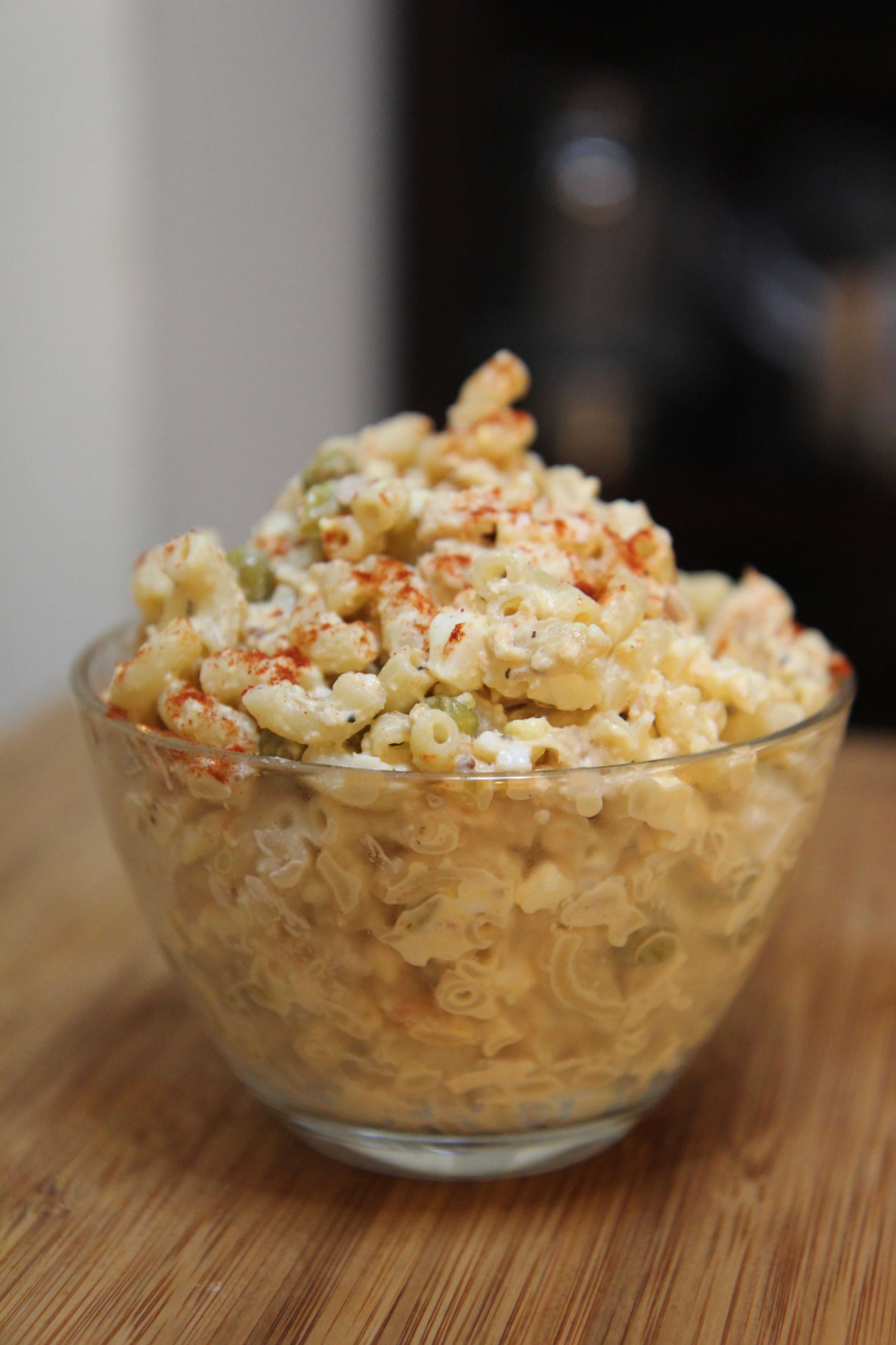 Macaroni tuna salad with crisp celery and creamy mayo topped with a little sprinkle of paprika
