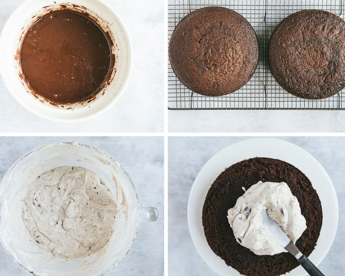 a collage with four photos. Chocolate cake batter in a bowl, two chocolate cake layers, oreo frosting in a bowl, and a cake beign frosted with a spatula. 