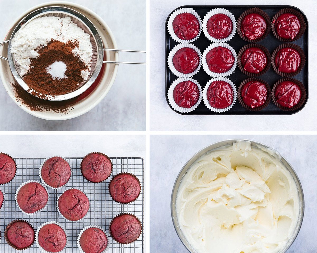 a photo collage with four photos. One photo with a sieve, all purpose, flour, cocoa powder, and salt. One photo with a cupcake pan with 12 filled cupcake liners with batter, one photo shows baked red velvet cupcakes, and the final photo shows a bowl of cream cheese frosting. 