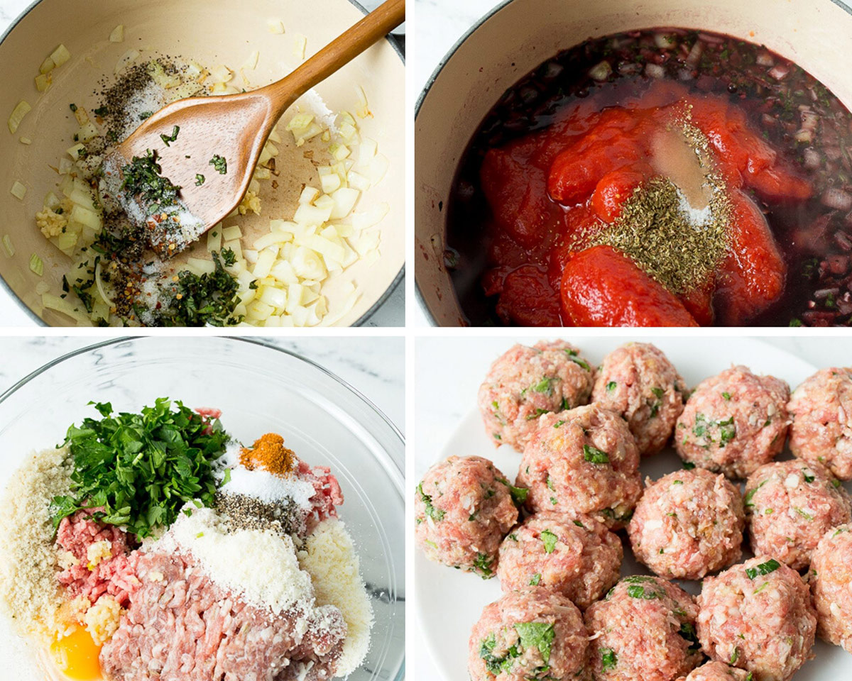 a collage with four photos. One photo shows a dutch oven with herbs, onions, and a wooden spoon. One photo shows tomatoes and wine, another photo shows the meatball mixture, and the final photo shows rolled raw meatballs. 