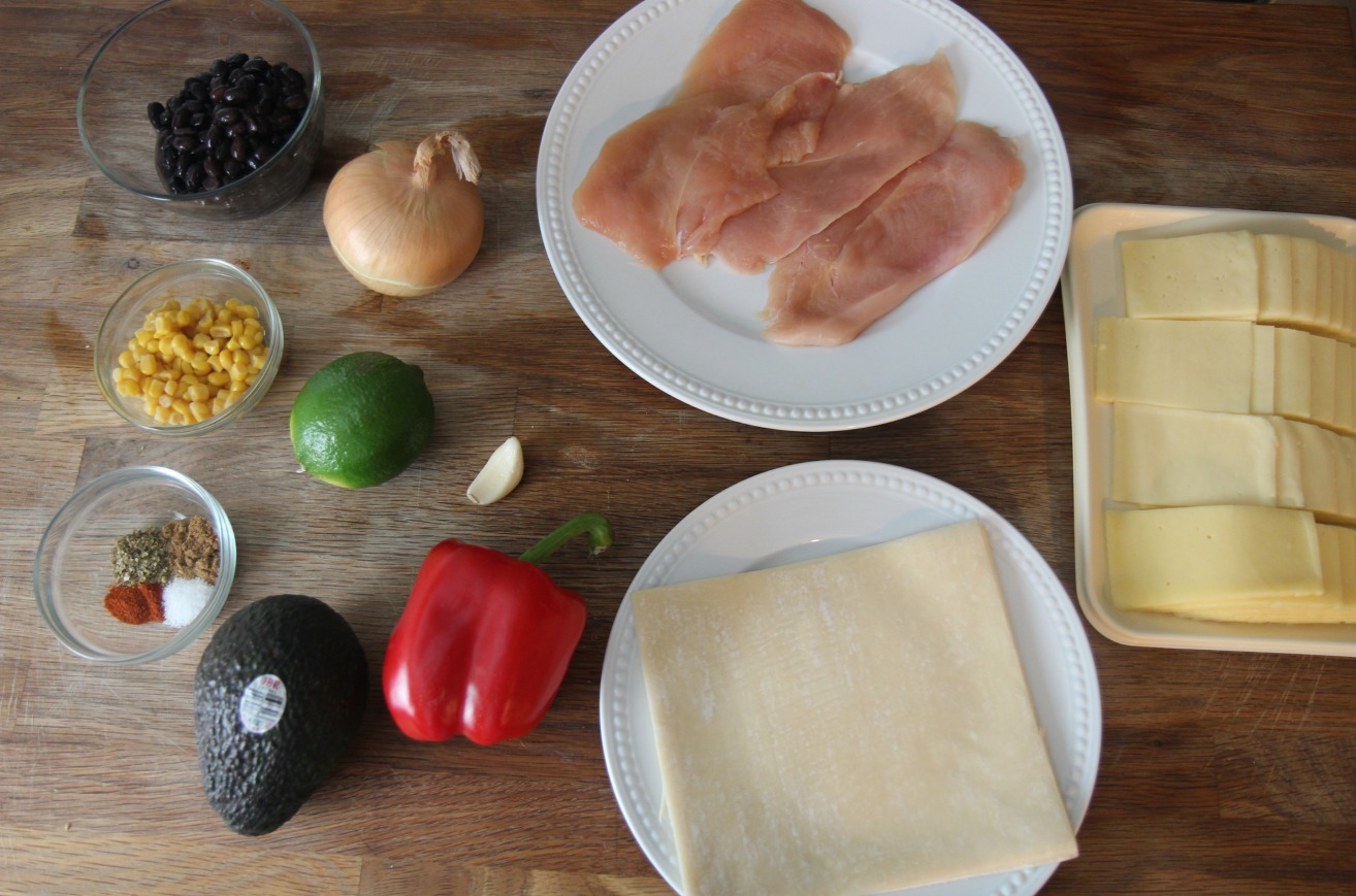 All the ingredients you need for these chicken avocado egg rolls. 