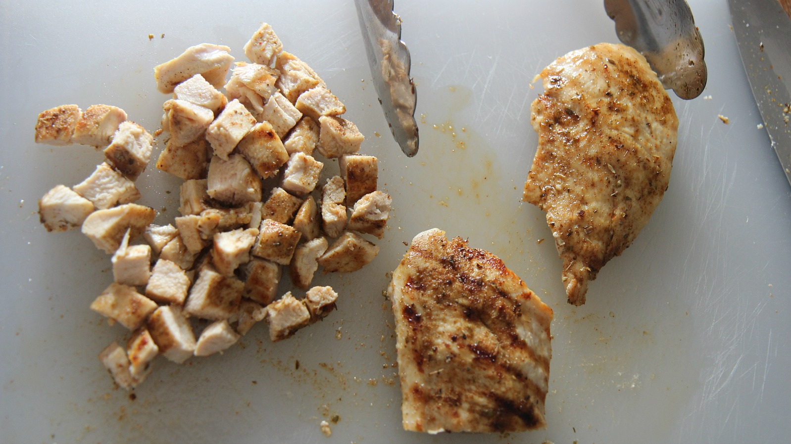 Cubed the grilled chicken into bite sized pieces. 