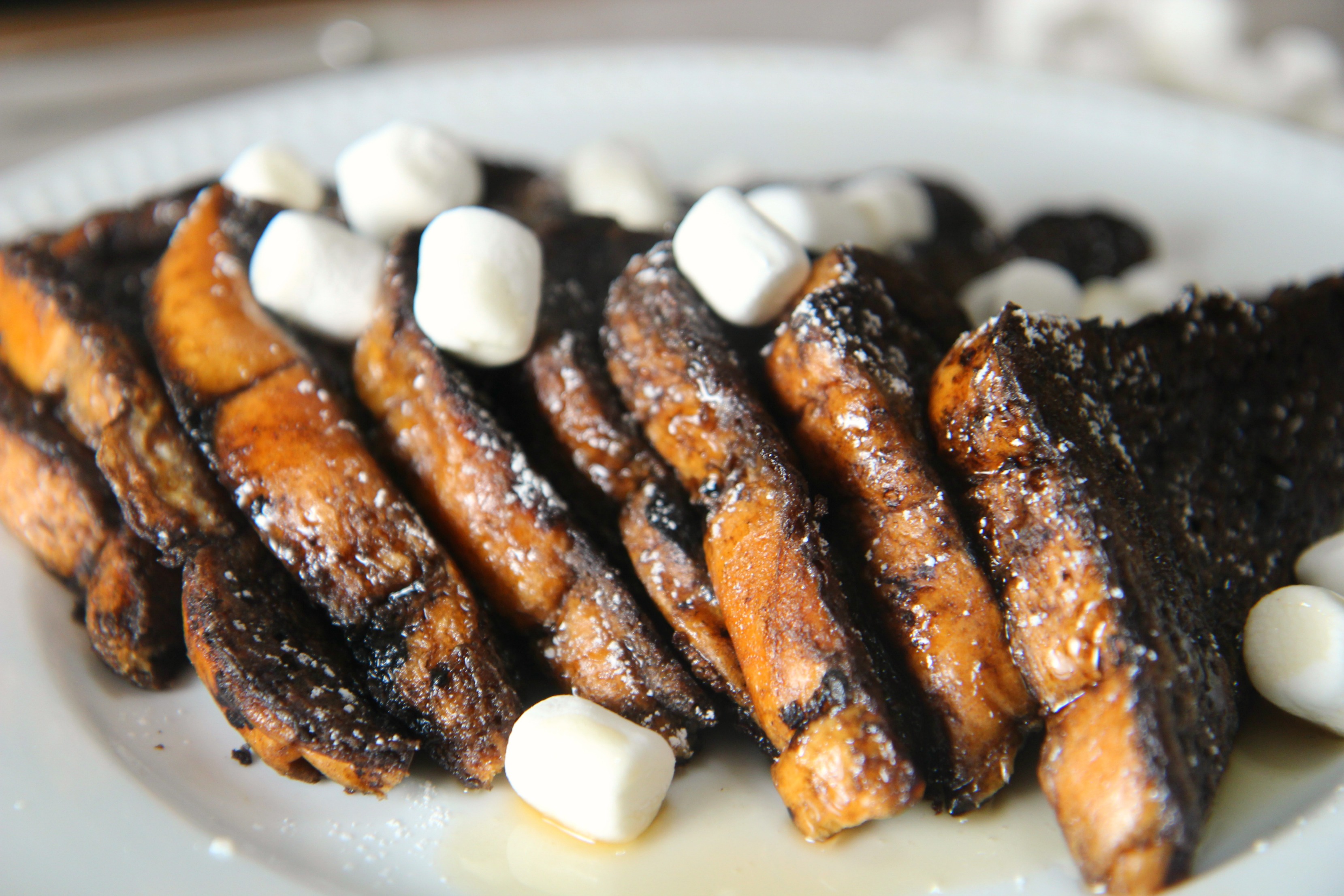 Marshmallows, chocolate and french toast. Dessert can be for breakfast.