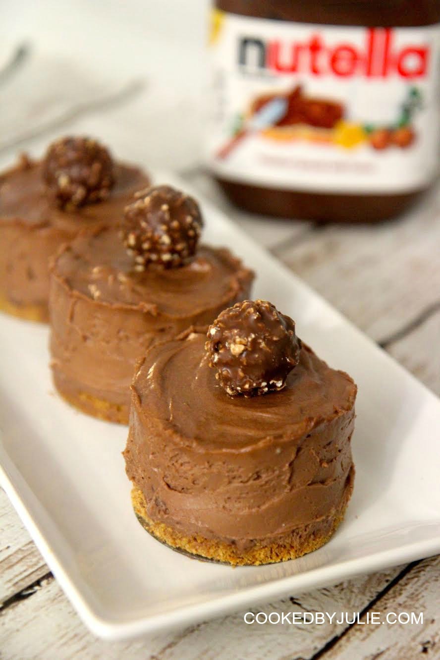Mini no bake Nutella cheesecakes with hazelnut chocolates and a butter graham cracker crust 
