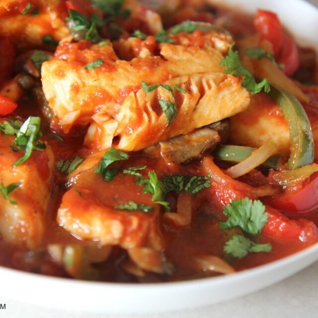 Skillet Cod with Tomatoes Onions & Peppers