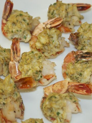 stuffed shrimp on a white platter