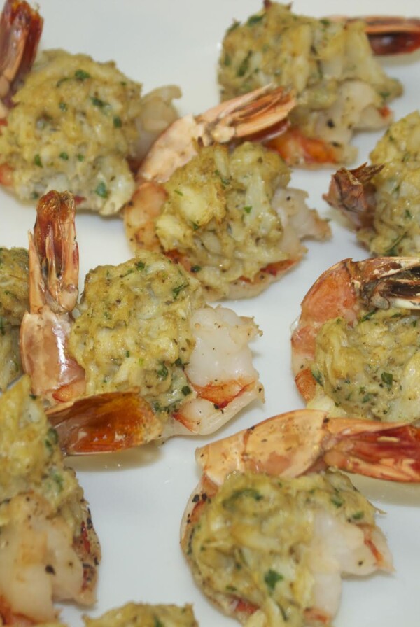 stuffed shrimp on a white platter