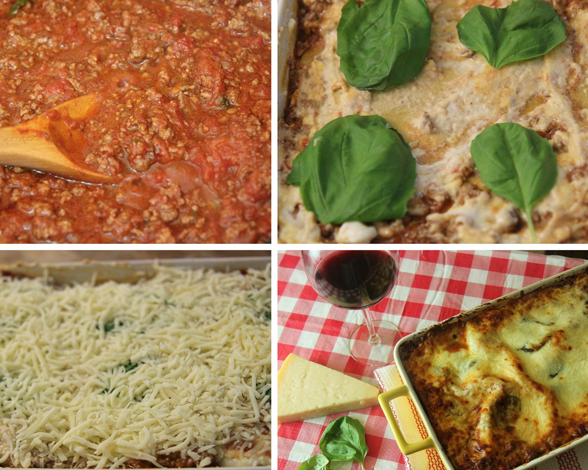 collage with four photos. One photo showing meat sauce with a wooden spoon, fresh basil on top of lasagna, shredded mozzarella cheese on top of lasagna, and a baked lasagna with a glass of a red drink. 