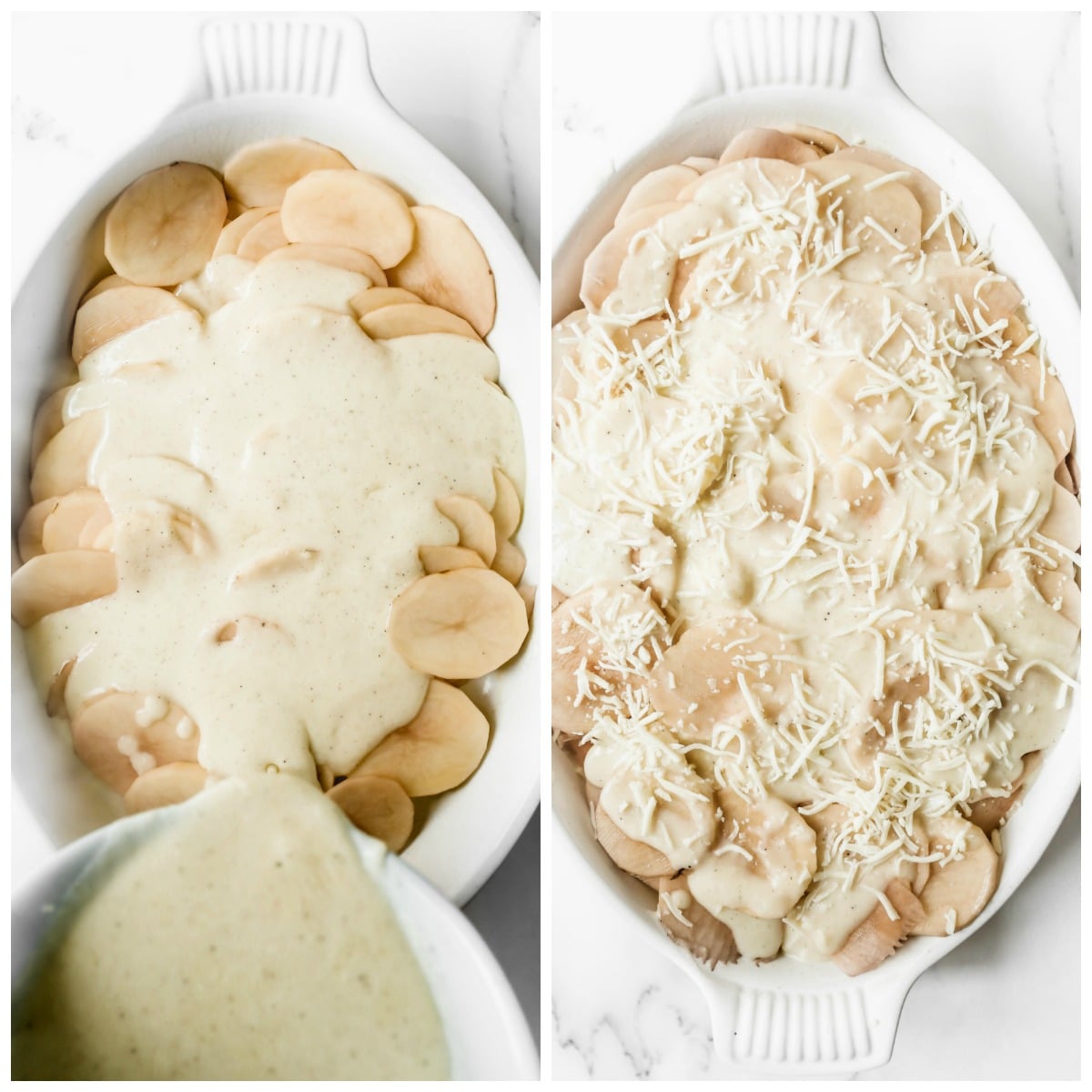 photo collage with two photos. One photo showing sliced potatoes in a casserole dish with sauce on top. Another photo showing sliced potatoes with sauce and cheese. 