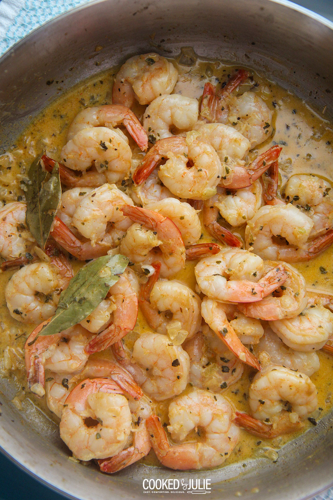 New Orleans creamy shrimp in a skillet.