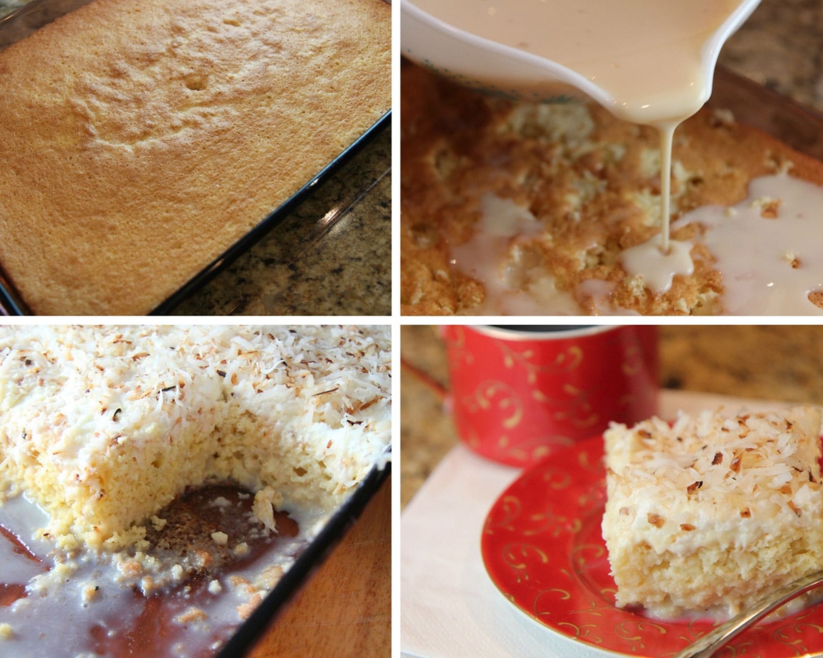 a collage with four photos/ A cake, milk pouring over the cake, and a slice of cake on a red plate.