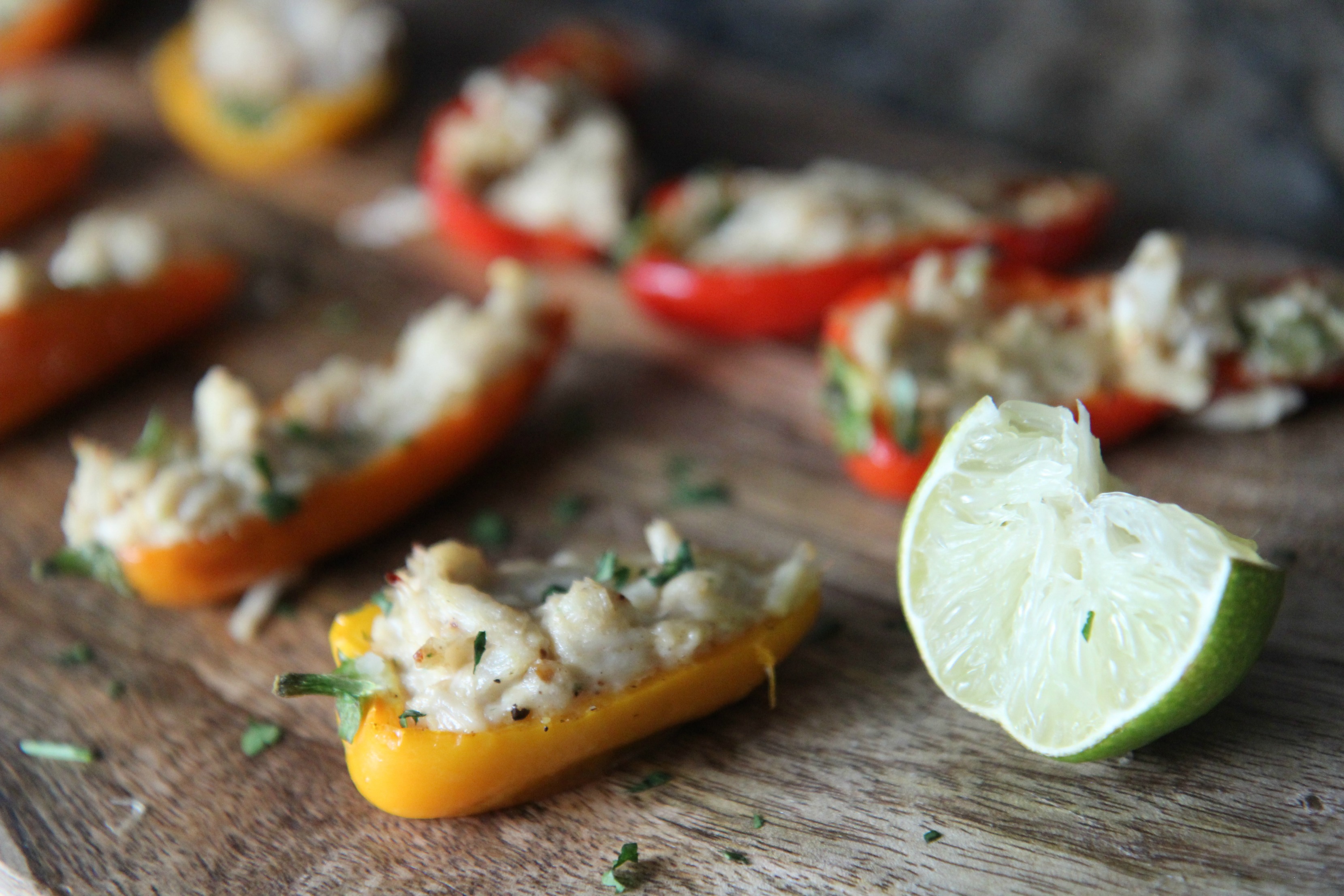 Close up shot of the peppers so you can see the crab chunks.