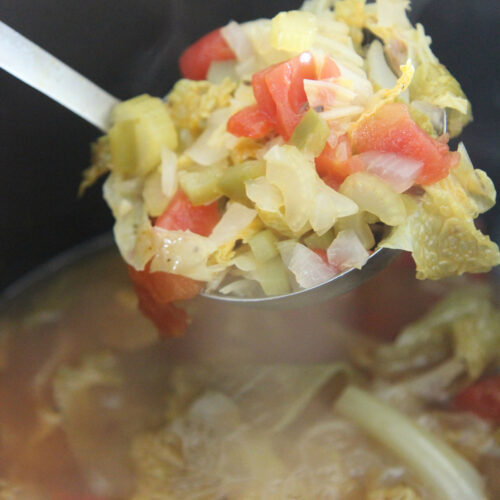 a ladle filled with cabbage soup over a pot filled with soup.