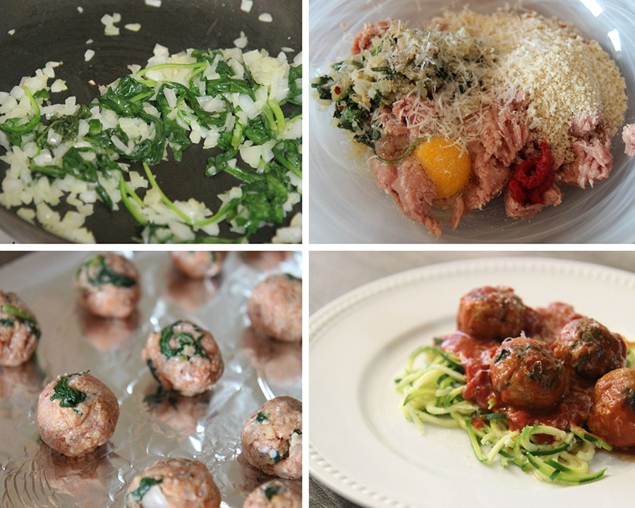 a collage with four photos. Spinach and onions in a skillet, meatball ingredients in a bowl, rolled meatballs on a baking sheet, and meatballs over zoodles with sauce. 