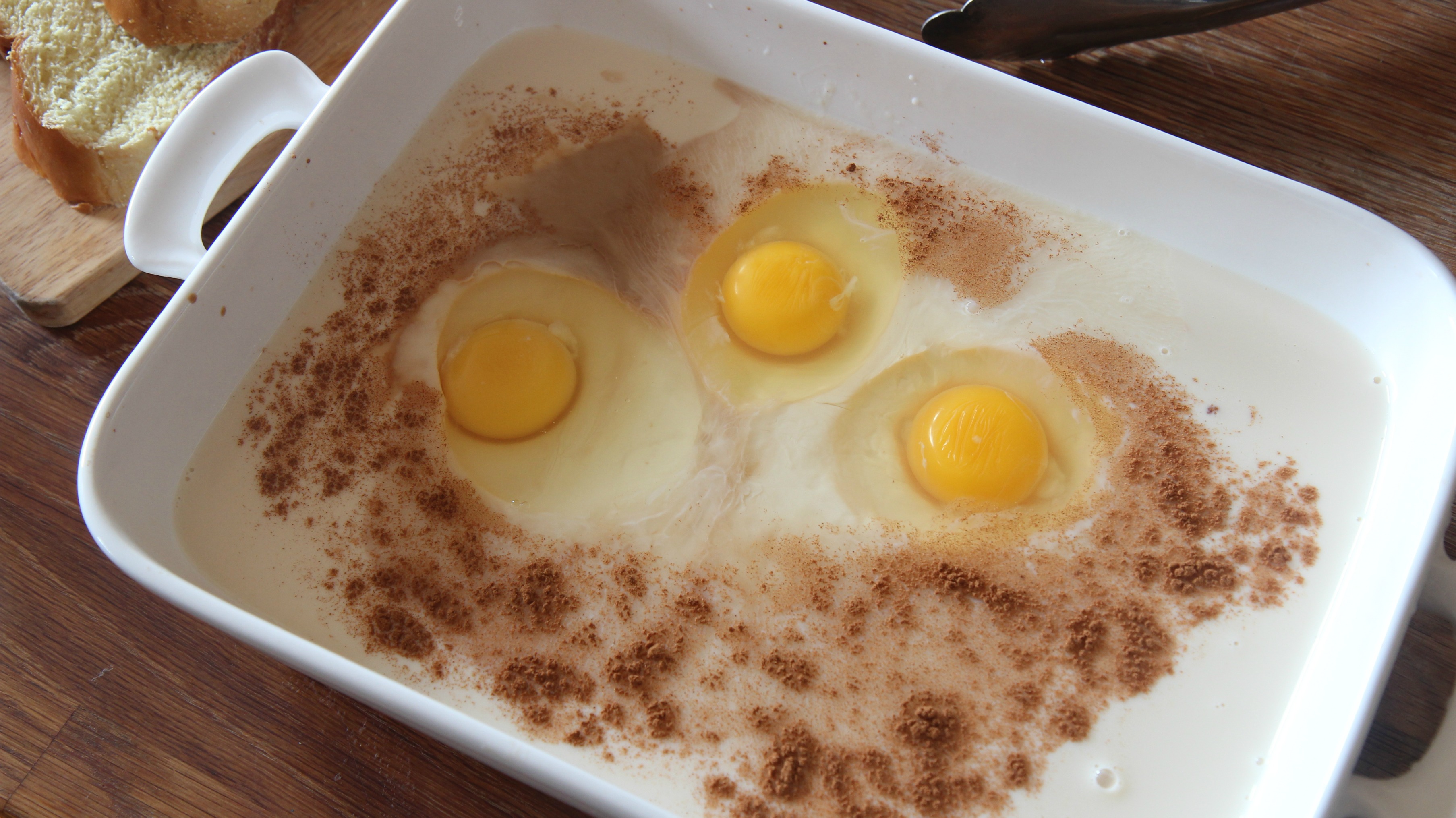 Eggs, milk and cinnamon for the french toast.