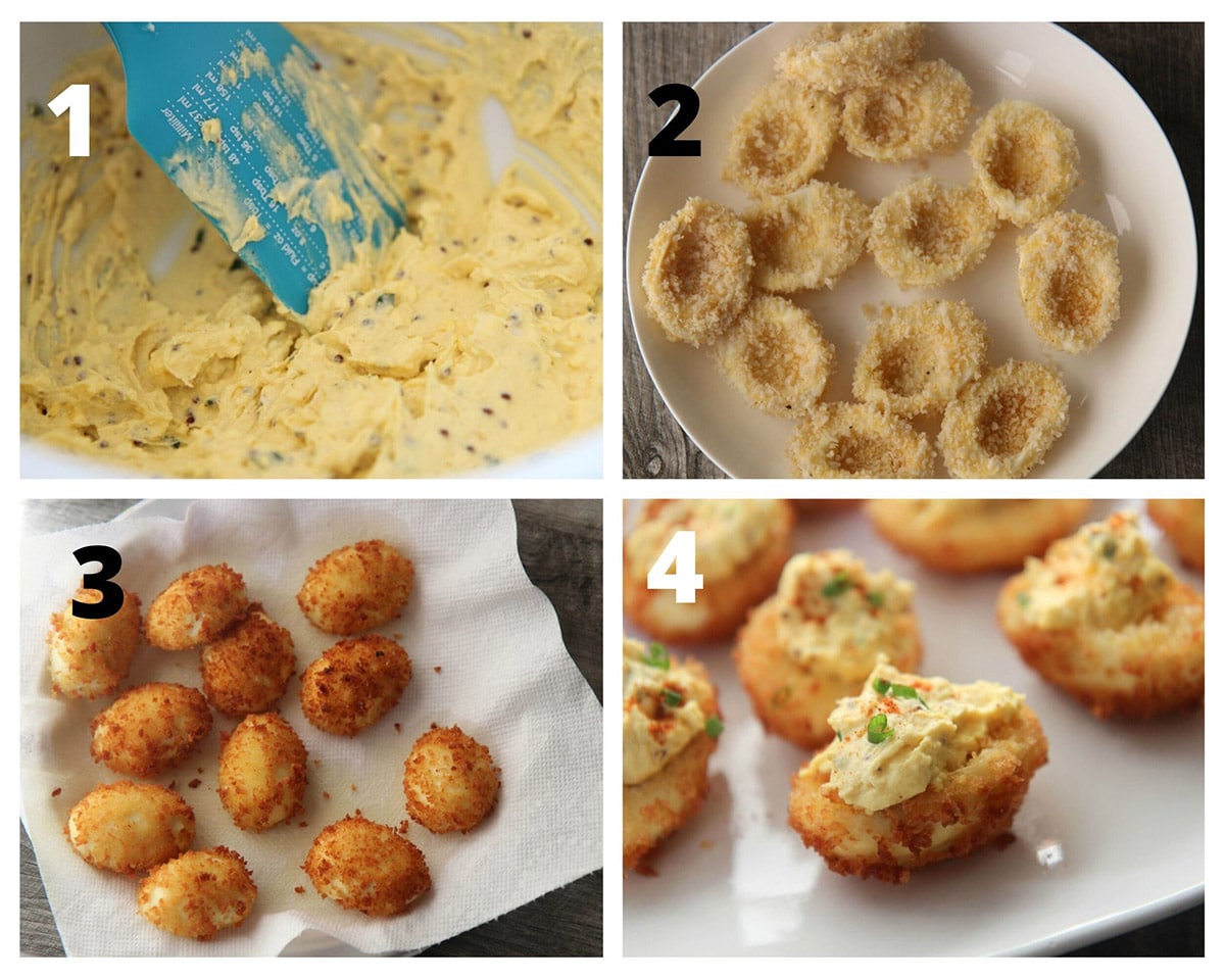 a collage with four photos. Deviled egg filling, fried egg whites, and fried deviled eggs filled with the yolk mixture.