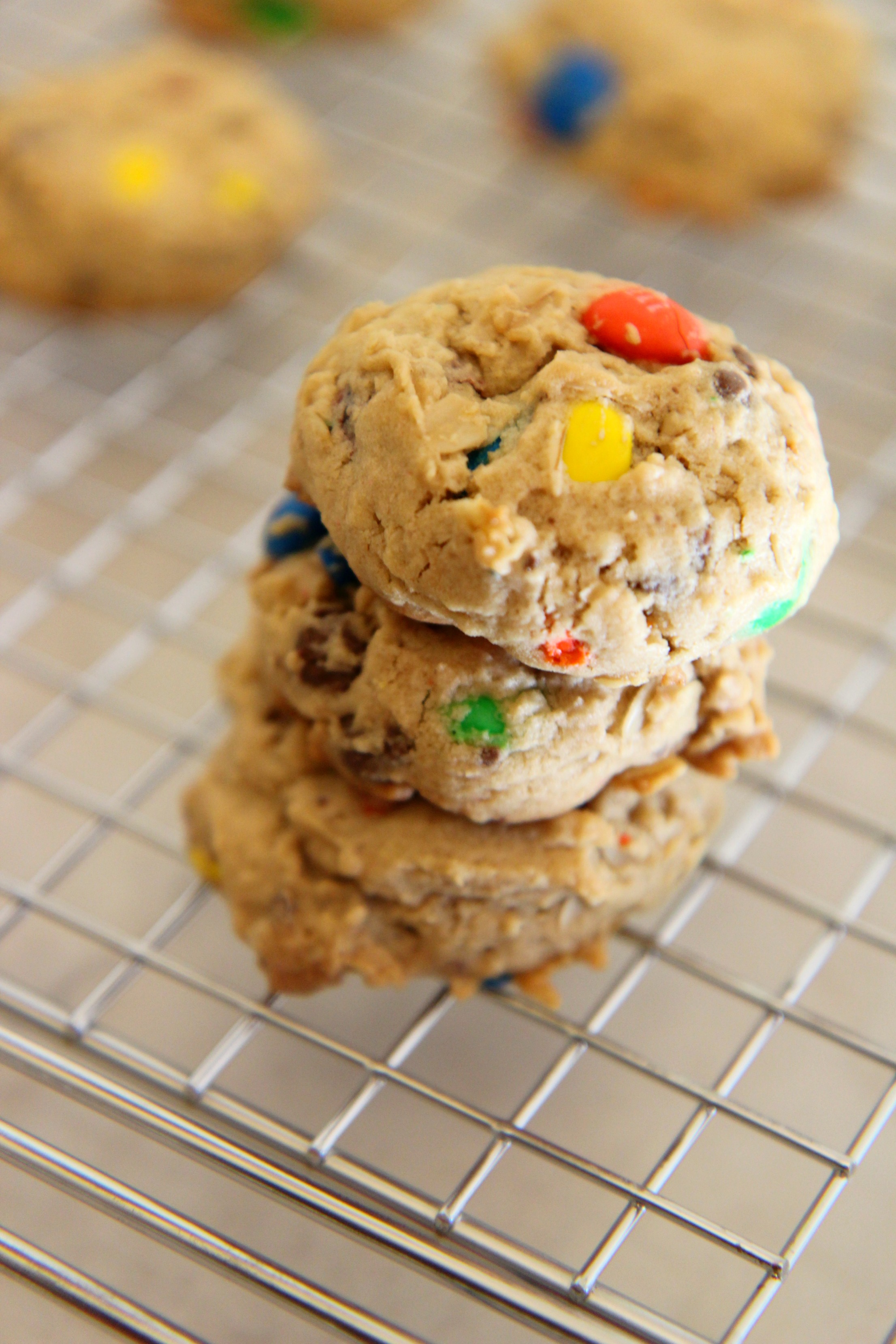 These monster cookies are packed with chocolate candies, oats, and mini chocolate chips for a sweet soft baked cookie