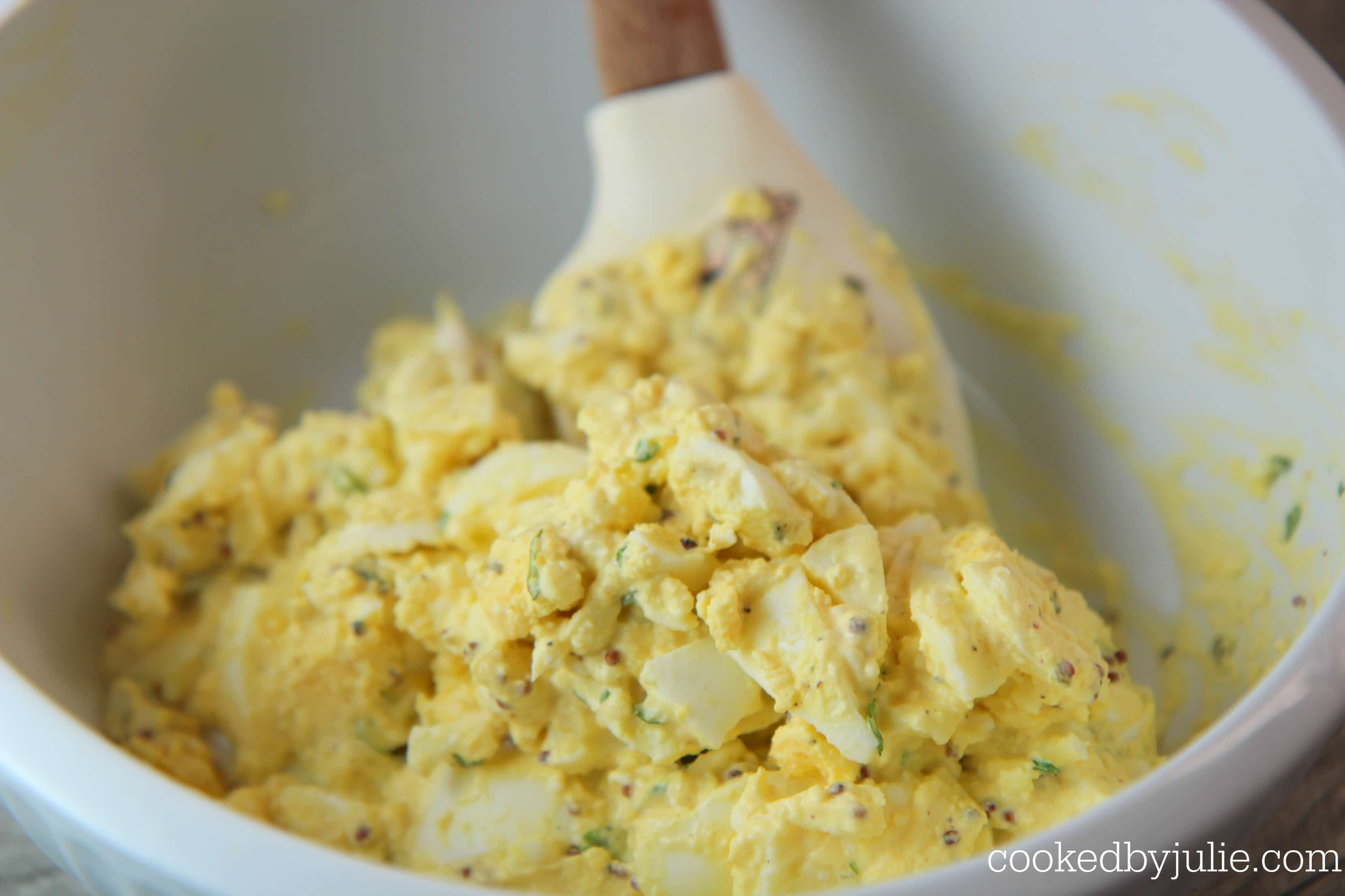Creamy egg salad in a bowl, perfect for egg salad sandwiches or a picnic side!