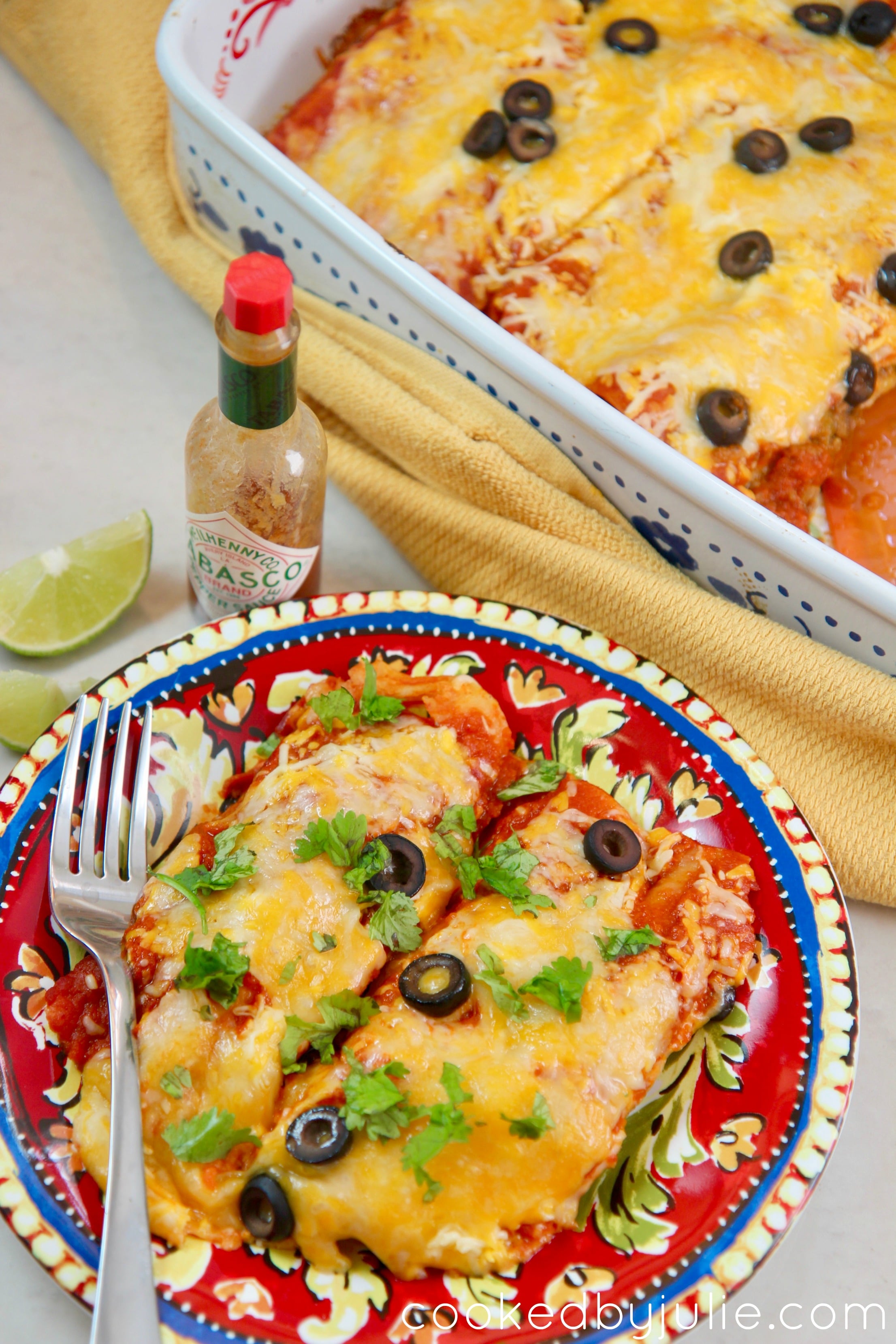 These cheesy beef enchiladas are the perfect party meal. Top with some hot sauce and lime