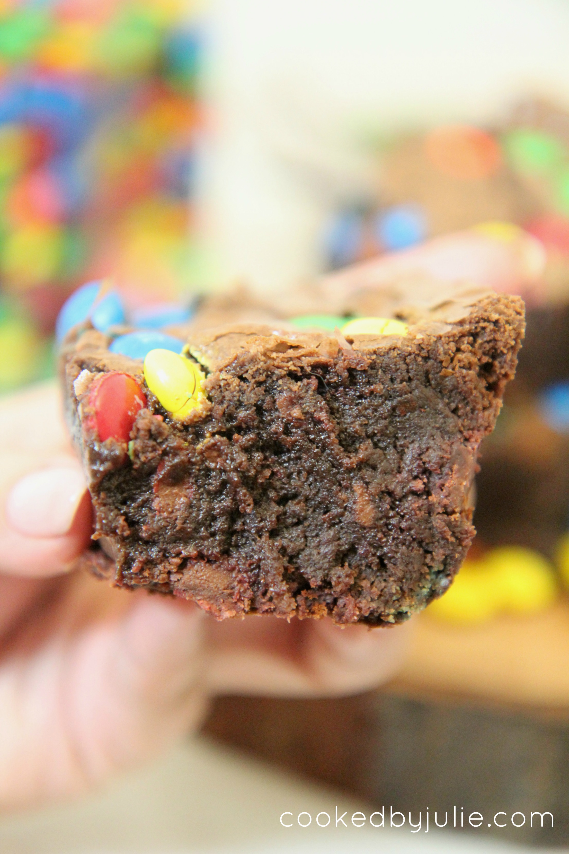 These fudgy chocolate brownies are perfectly baked with M&M pieces in every bite