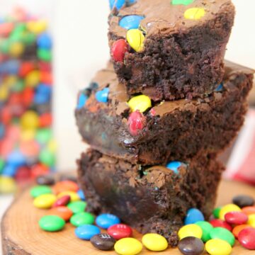 stacked chocolate brownies with m&ms