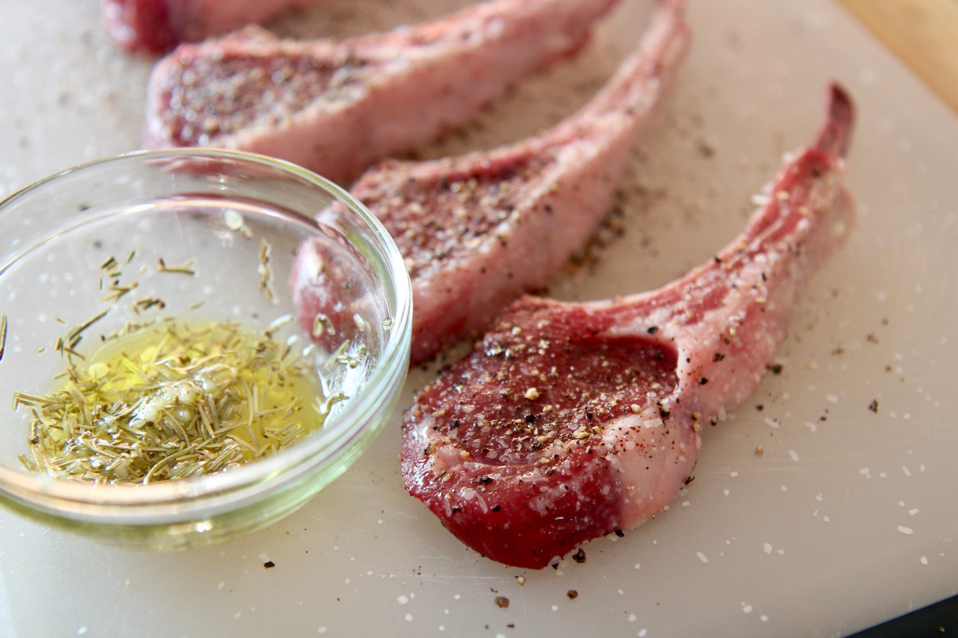 lamb chops, garlic, rosemary, salt, and pepper. 