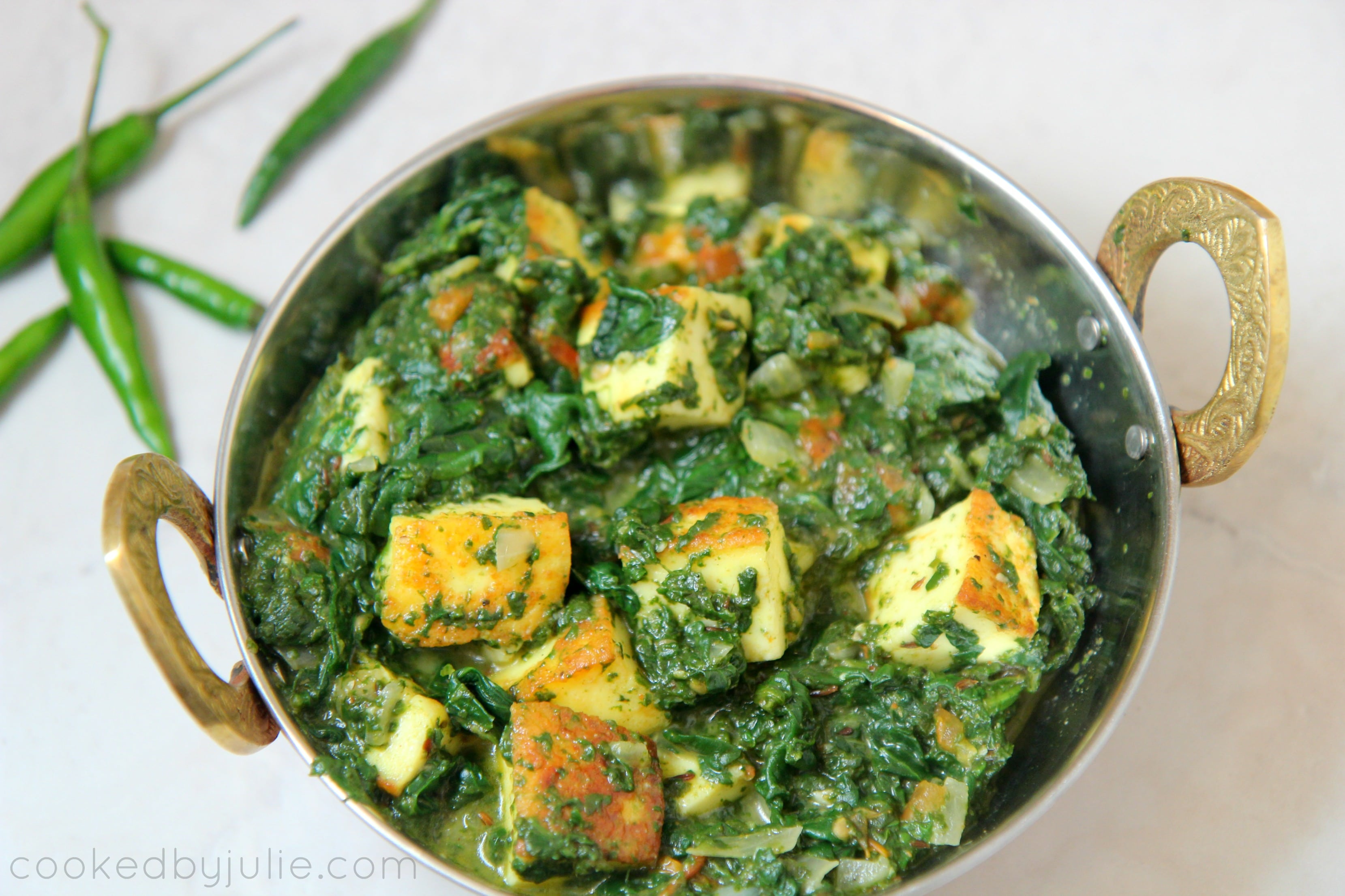 horizontal photo of saag paneer in a small bowl 