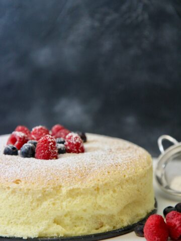 Japanese Cotton Cheesecake with fresh fruit and powdered sugar