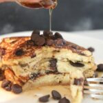 keto and low carb chocolate chip pancakes with sugar free syrup.