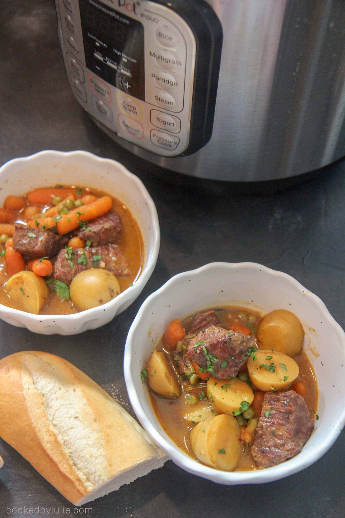 bowls of instant pot beef stew 